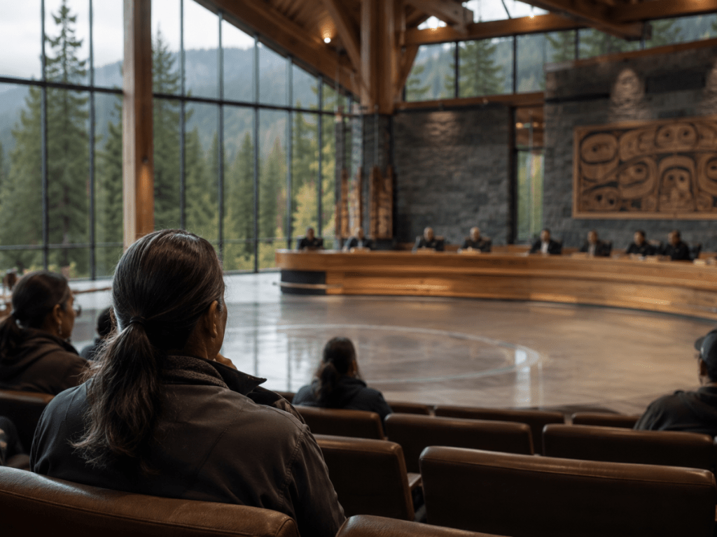 Modern Native American tribal council chamber viewed from the audience, with a lone tribal citizen seated in the foreground facing tribal leaders across a large open space. Contemporary Indigenous architecture features cedar beams, stone walls, and expansive windows overlooking Pacific Northwest forests, symbolizing the relationship between tribal governance, representation, accountability, and community voice.