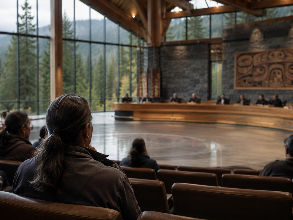 Modern Native American tribal council chamber viewed from the audience, with a lone tribal citizen seated in the foreground facing tribal leaders across a large open space. Contemporary Indigenous architecture features cedar beams, stone walls, and expansive windows overlooking Pacific Northwest forests, symbolizing the relationship between tribal governance, representation, accountability, and community voice.